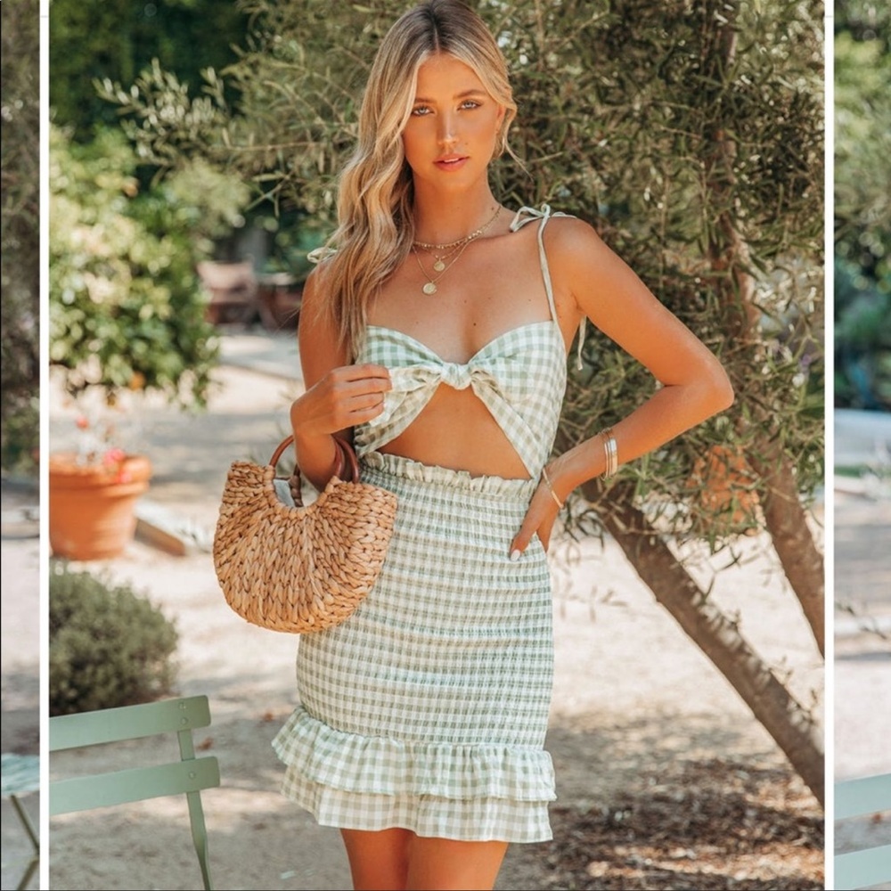 Vici Lay Low Smocked Gingham Tie Front Dress